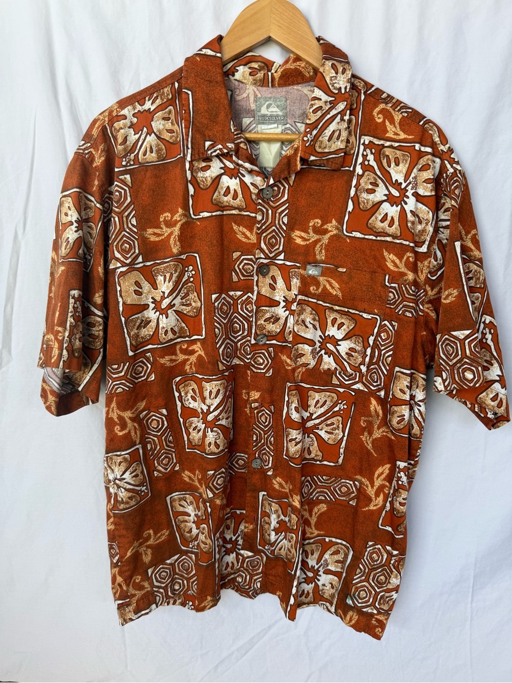 Quiksilver Men's Rust and Cream Floral Camp Shirt